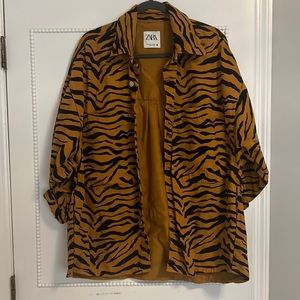 camel and black tiger, striped denim oversized Shacket